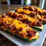 Four Keto Cheesy Taco Stuffed Zucchini Boats filled with seasoned ground meat and melted cheddar cheese.