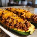 Two Keto Cheesy Taco Stuffed Zucchini Boats filled with seasoned ground meat and melted cheddar cheese, served on a white platter.