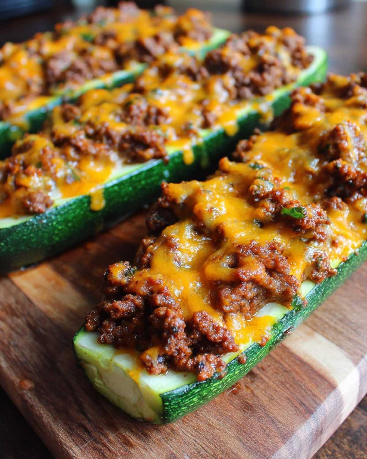 Close-up of Keto Cheesy Taco Stuffed Zucchini Boats filled with seasoned meat and melted cheddar cheese.
