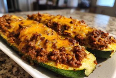 Two Keto Cheesy Taco Stuffed Zucchini Boats filled with seasoned ground meat and melted cheddar cheese, served on a white platter.