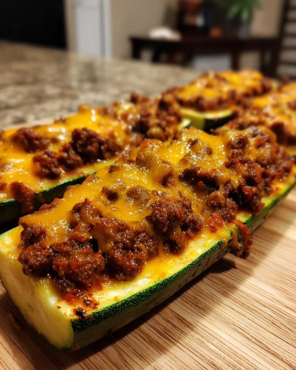 Close-up of baked Keto Cheesy Taco Stuffed Zucchini Boats topped with melted cheddar cheese.