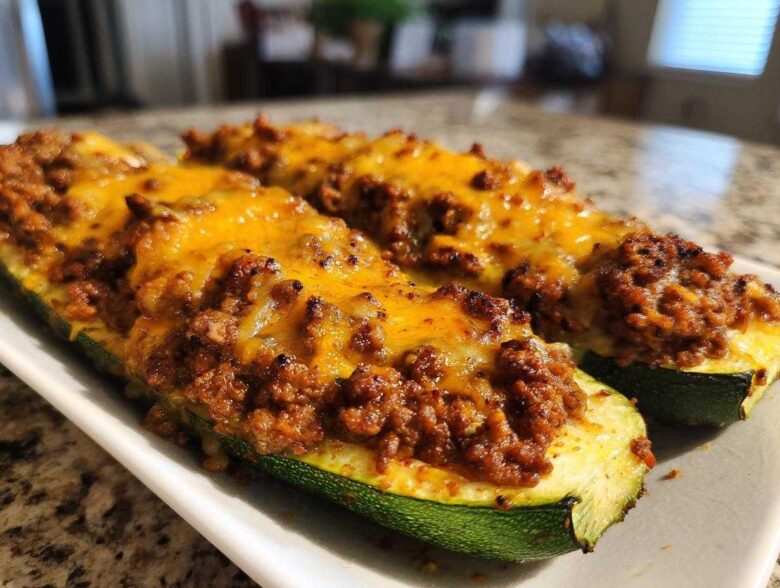 Two Keto Cheesy Taco Stuffed Zucchini Boats filled with seasoned ground meat and melted cheddar cheese, served on a white platter.