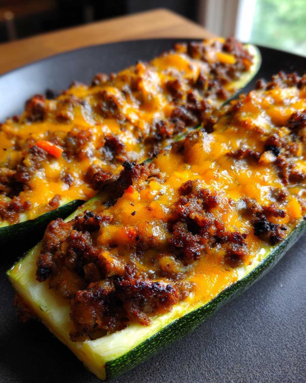 Two halves of Keto Cheesy Taco Stuffed Zucchini Boats topped with seasoned ground meat and melted cheddar cheese.