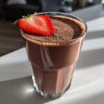 A glass filled with a thick, rich Keto Chocolate Strawberry Smoothie, garnished with a fresh strawberry slice.