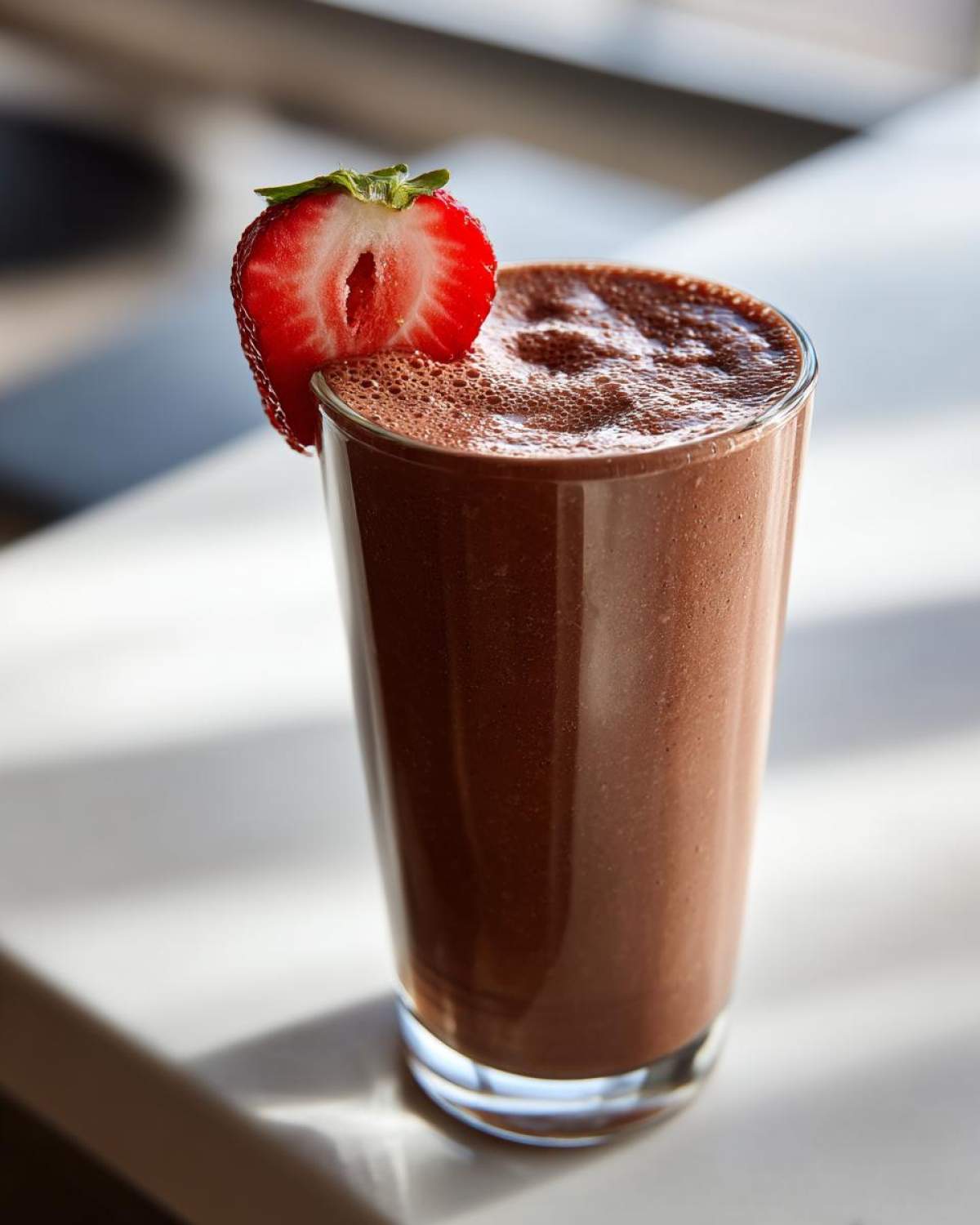 A tall glass filled with a thick, brown Keto Chocolate Strawberry Smoothie, garnished with a sliced strawberry.