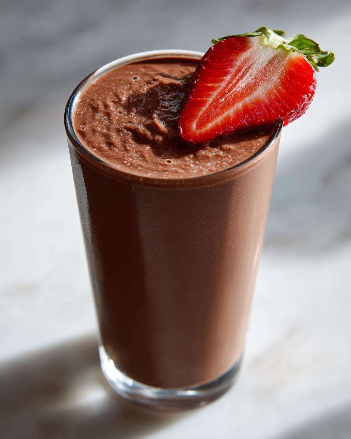 A tall glass filled with a thick, rich brown Keto Chocolate Strawberry Smoothie, garnished with a fresh strawberry half.