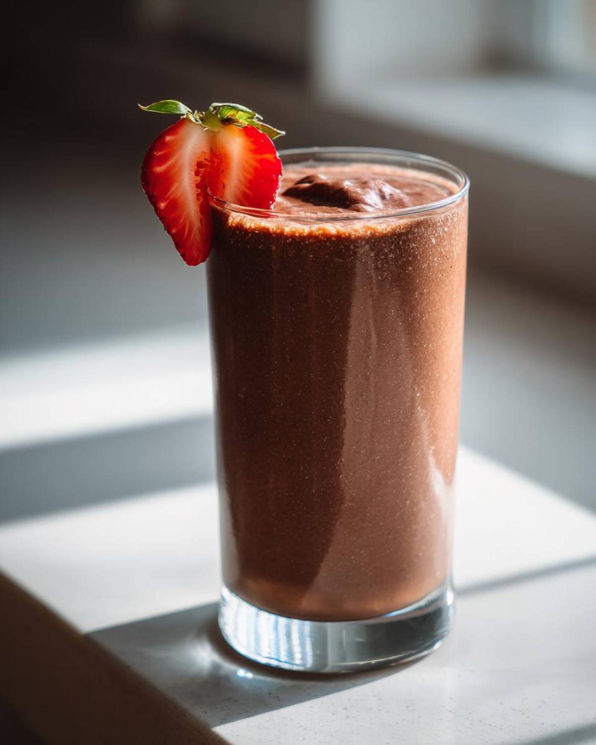 A tall glass of thick, brown Keto Chocolate Strawberry Smoothie garnished with a fresh strawberry slice.