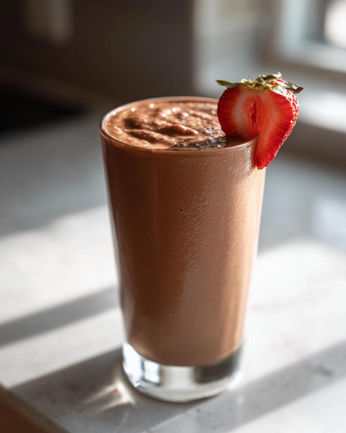 A tall glass filled with a thick, brown Keto Chocolate Strawberry Smoothie, garnished with a fresh strawberry slice.