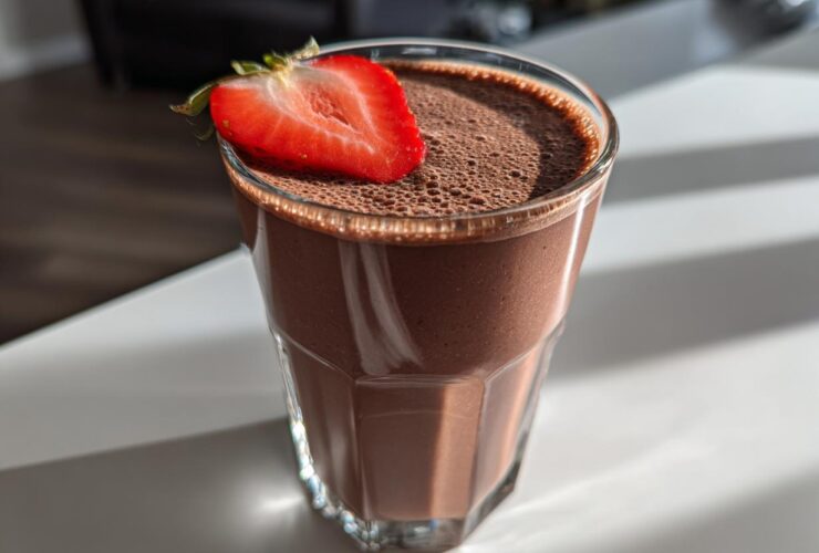 A glass filled with a thick, rich Keto Chocolate Strawberry Smoothie, garnished with a fresh strawberry slice.