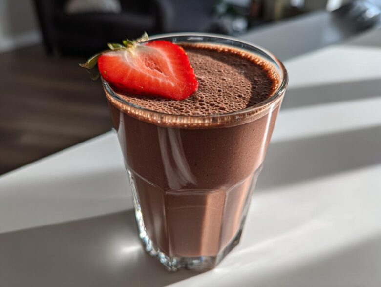 A glass filled with a thick, rich Keto Chocolate Strawberry Smoothie, garnished with a fresh strawberry slice.