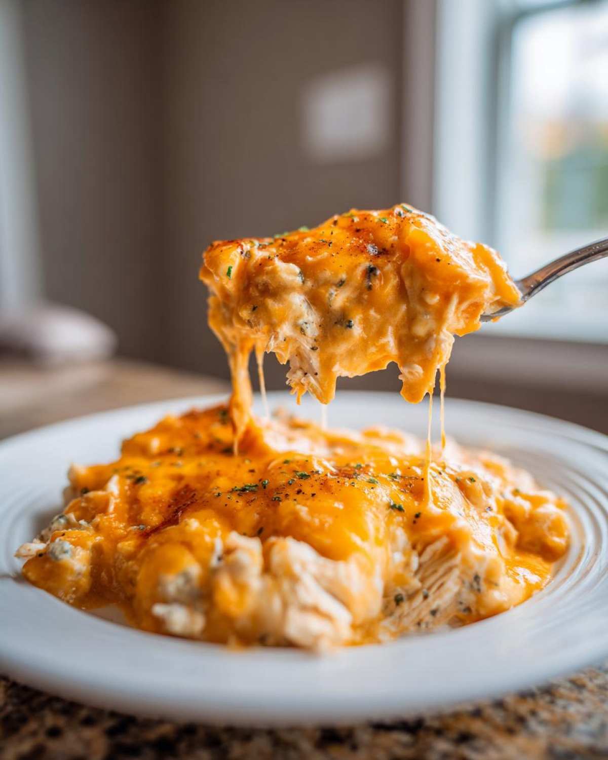 A spoonful of Keto Creamy Buffalo Chicken Casserole showing melted cheese strings pulling away from the main dish.