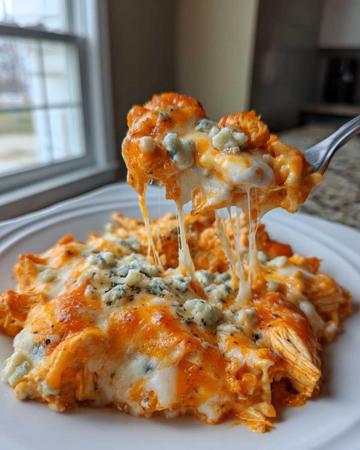 A fork lifts a cheesy, gooey portion of Keto Creamy Buffalo Chicken Casserole topped with blue cheese crumbles.