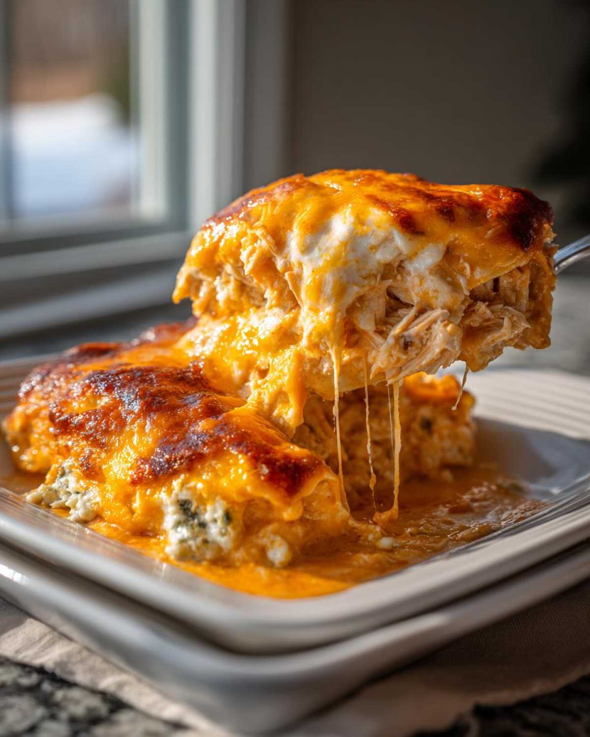 A serving spoon lifts a cheesy portion of Keto Creamy Buffalo Chicken Casserole, showing melted cheese strings.