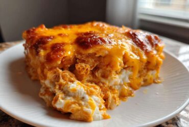 A close-up of a square serving of Keto Creamy Buffalo Chicken Casserole with melted, bubbly orange cheese topping.