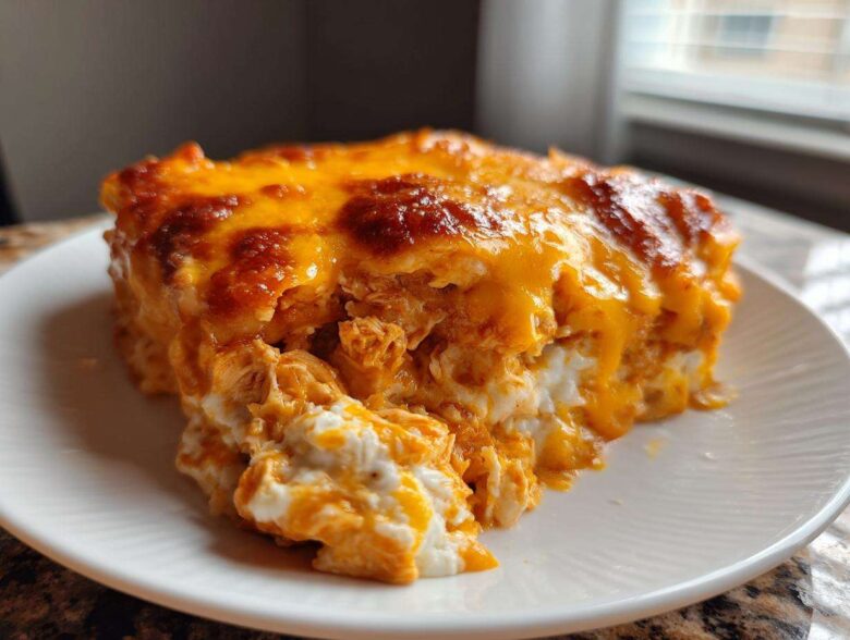 A close-up of a square serving of Keto Creamy Buffalo Chicken Casserole with melted, bubbly orange cheese topping.