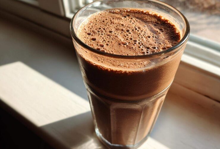 A tall glass filled with a thick, frothy Keto Creamy Chocolate Peanut Butter Shake sitting on a sunlit windowsill.