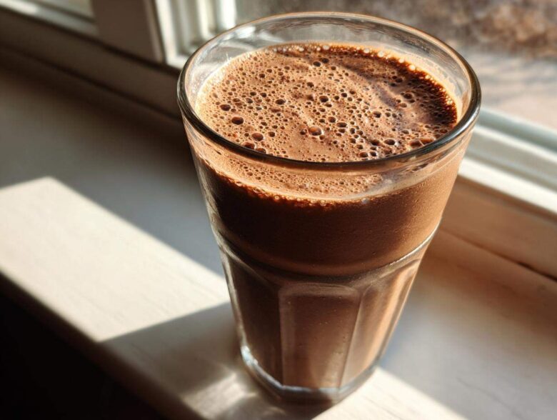 A tall glass filled with a thick, frothy Keto Creamy Chocolate Peanut Butter Shake sitting on a sunlit windowsill.