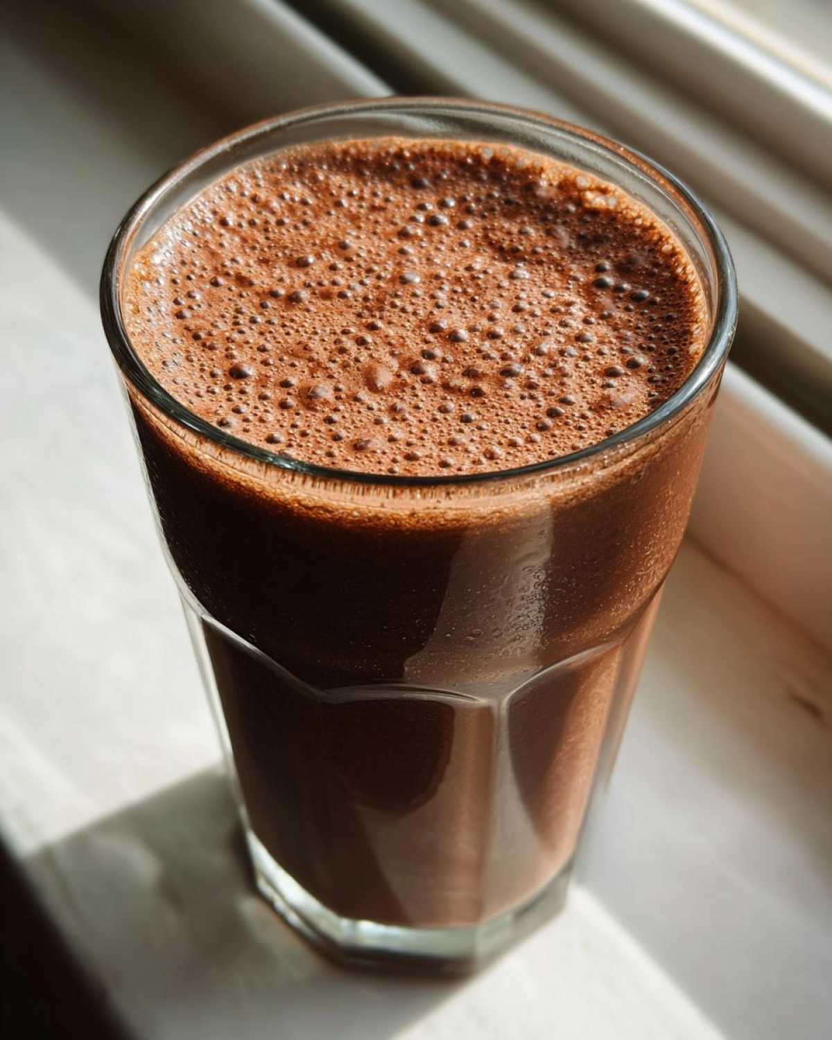 Close-up of a thick, dark brown Keto Creamy Chocolate Peanut Butter Shake with a frothy top in a clear glass.