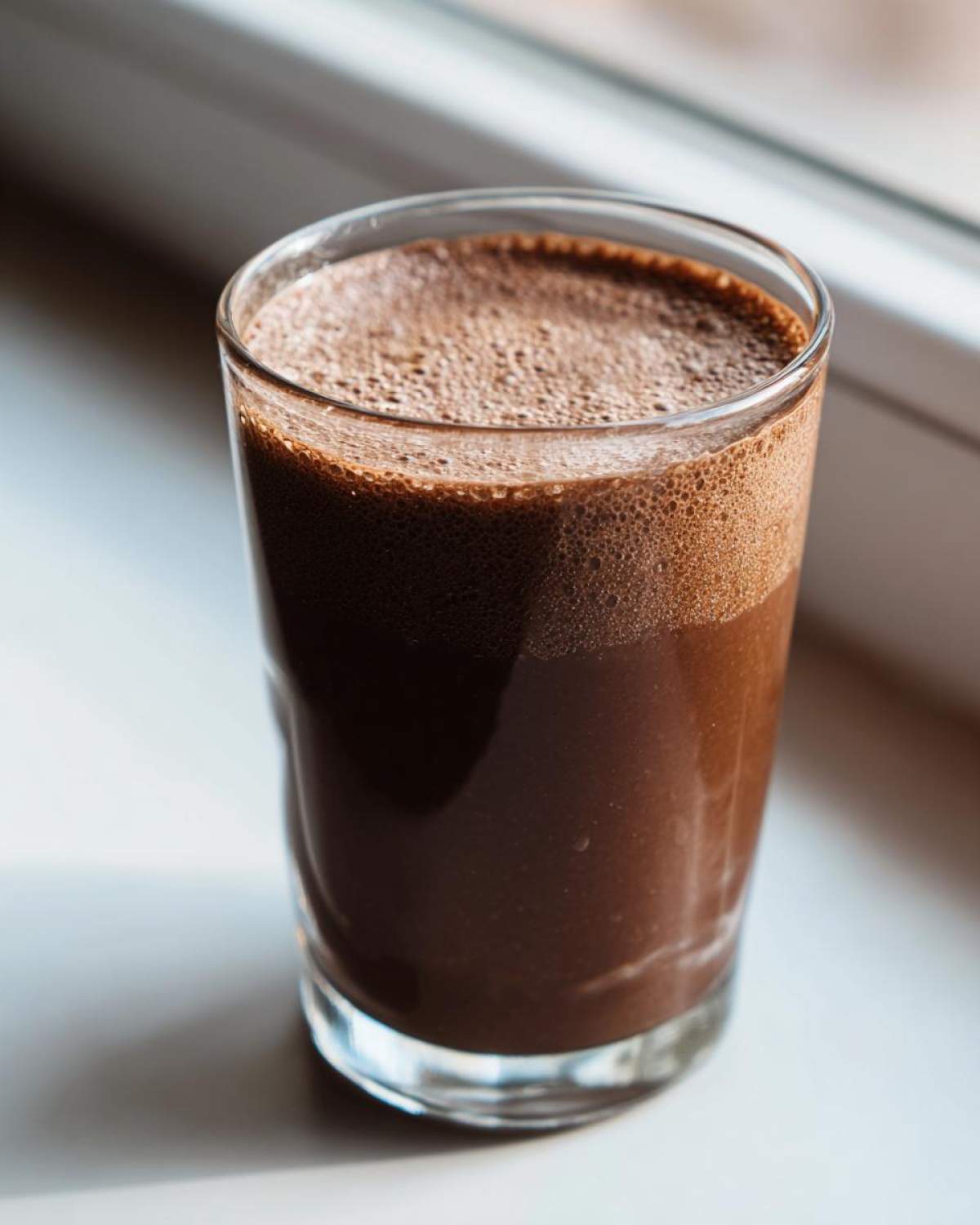 Close-up of a rich, dark brown Keto Creamy Chocolate Peanut Butter Shake with a foamy top, sitting near a window.