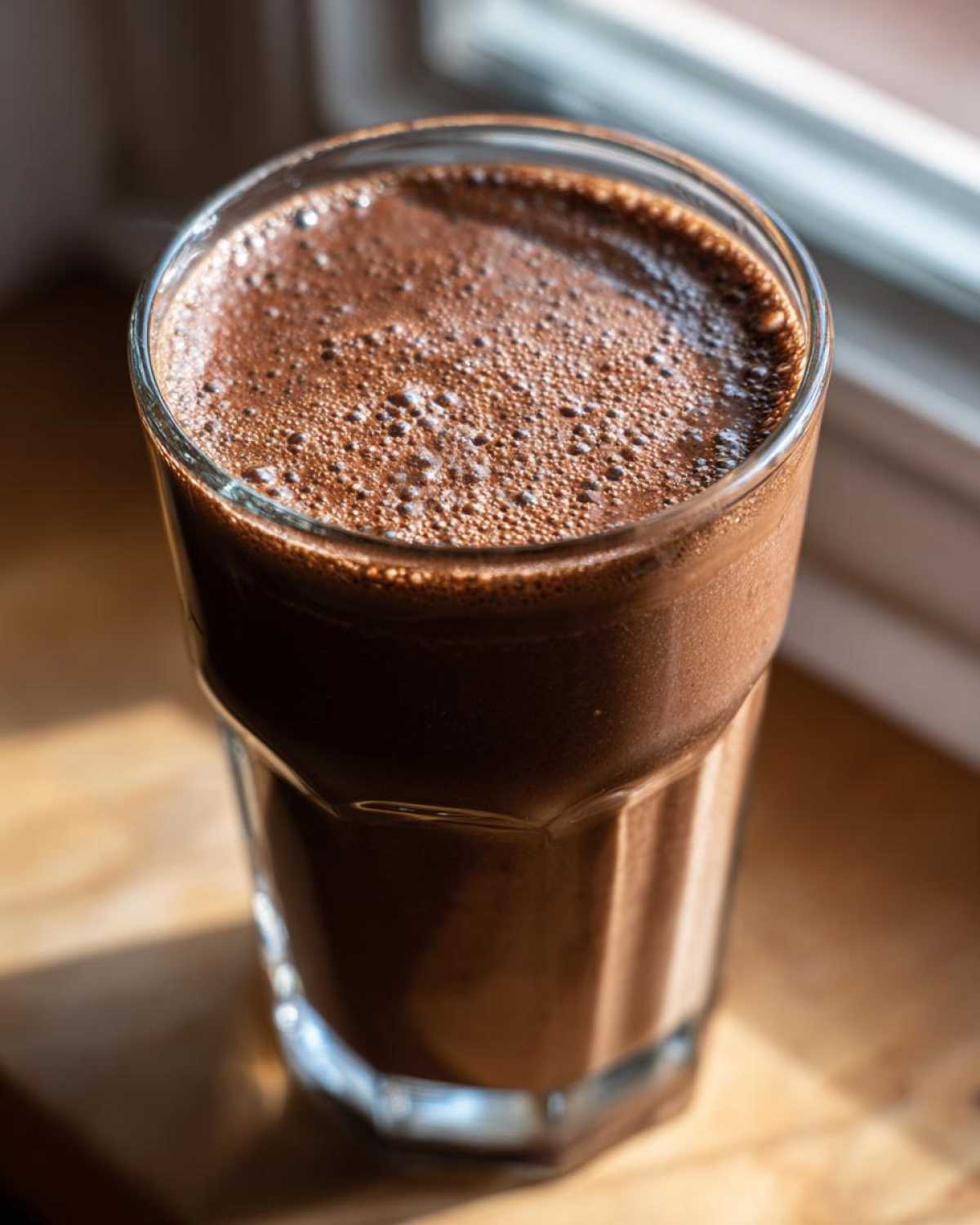 Close-up of a rich, frothy Keto Creamy Chocolate Peanut Butter Shake in a clear glass, set near a window.