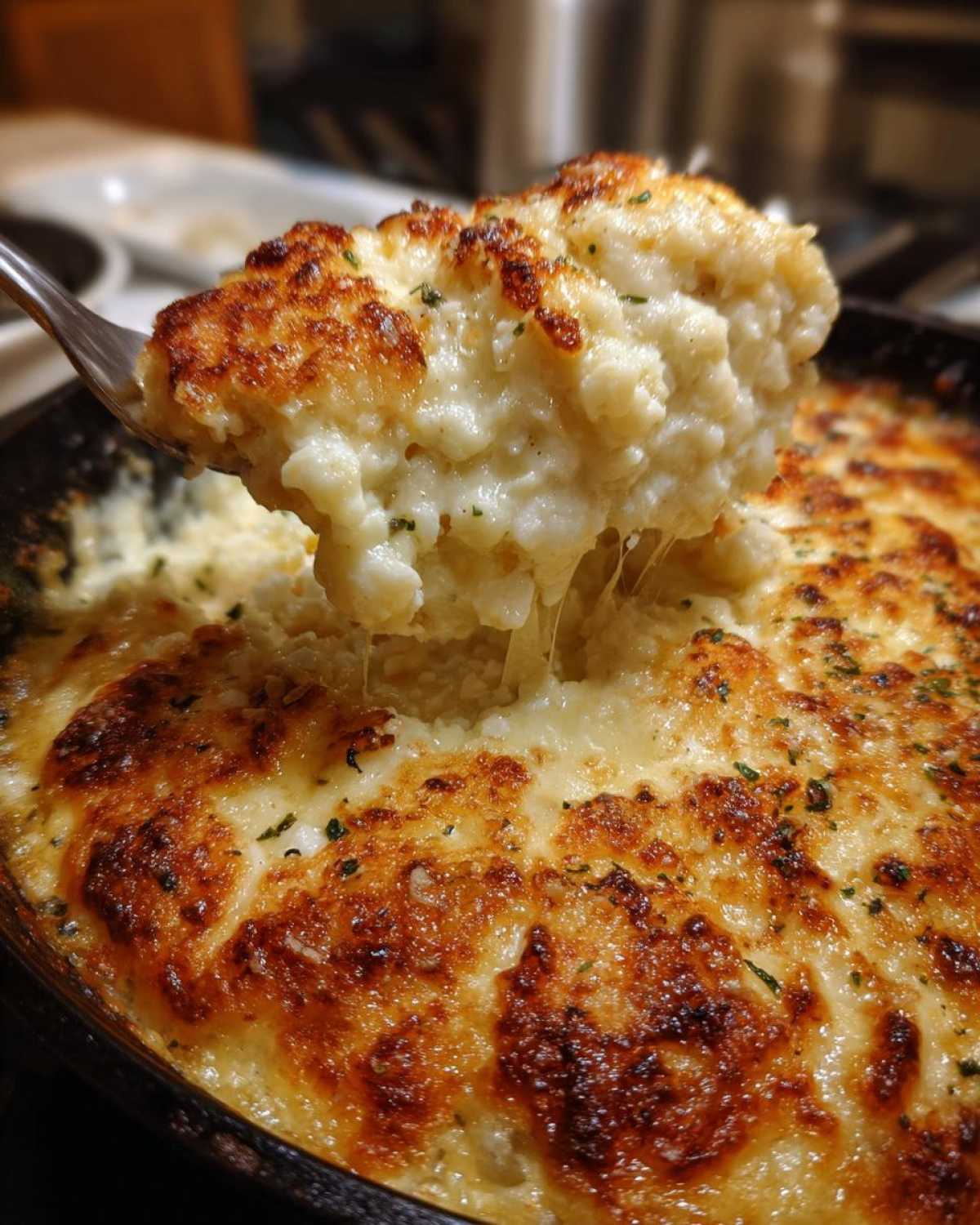 A fork lifts a cheesy, creamy portion from a bubbly Keto Creamy Garlic Parmesan Chicken Bake with a browned, bubbly top.