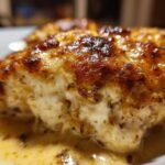 Close-up of a piece of Keto Creamy Garlic Parmesan Chicken Bake with a golden-brown, cheesy top and rich sauce.