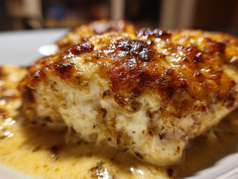 Close-up of a piece of Keto Creamy Garlic Parmesan Chicken Bake with a golden-brown, cheesy top and rich sauce.