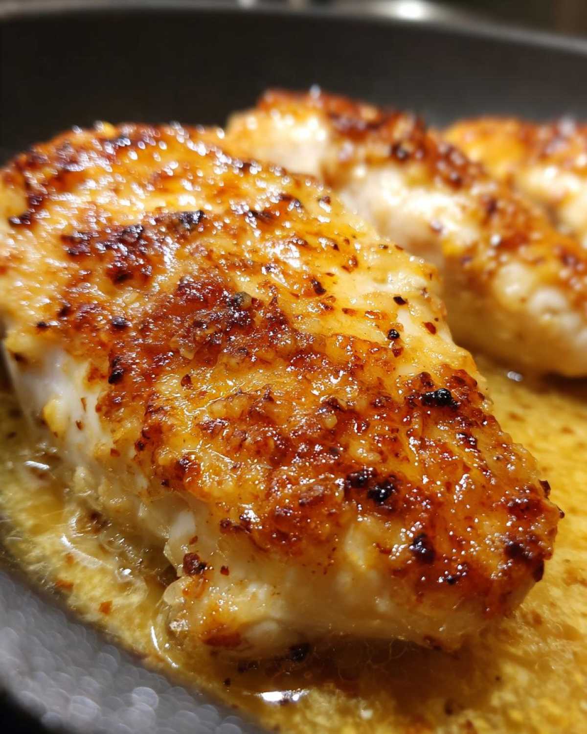 Close-up of seared chicken breast coated in a golden, garlicky sauce for Keto Creamy Garlic Parmesan Chicken Bake.