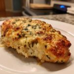 A close-up of a baked chicken breast topped with melted, browned cheese and herbs, ready to eat from the Keto Creamy Garlic Parmesan Chicken Bake recipe.