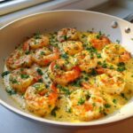 Close-up of cooked shrimp in a creamy garlic sauce, garnished with fresh parsley, from the Keto Creamy Garlic Shrimp Skillet.