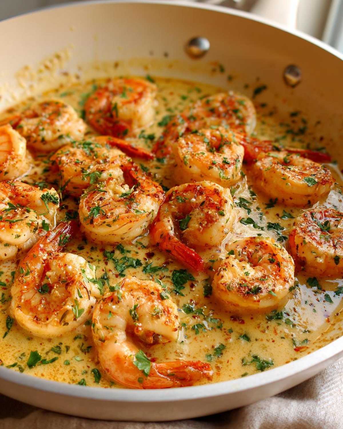 Close-up of perfectly cooked shrimp in a rich, creamy garlic sauce, garnished with fresh parsley for a Keto Creamy Garlic Shrimp Skillet.