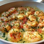 Close-up of plump shrimp simmering in a rich, creamy garlic sauce, garnished with parsley in a skillet, perfect for a Keto Creamy Garlic Shrimp Skillet.