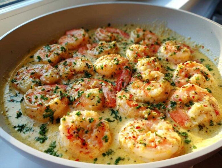 Close-up of plump shrimp simmering in a rich, creamy garlic sauce, garnished with parsley in a skillet, perfect for a Keto Creamy Garlic Shrimp Skillet.
