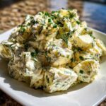 Close-up of chunky Keto Creamy Herb Deviled Egg Salad mixed with creamy dressing and fresh green herbs.