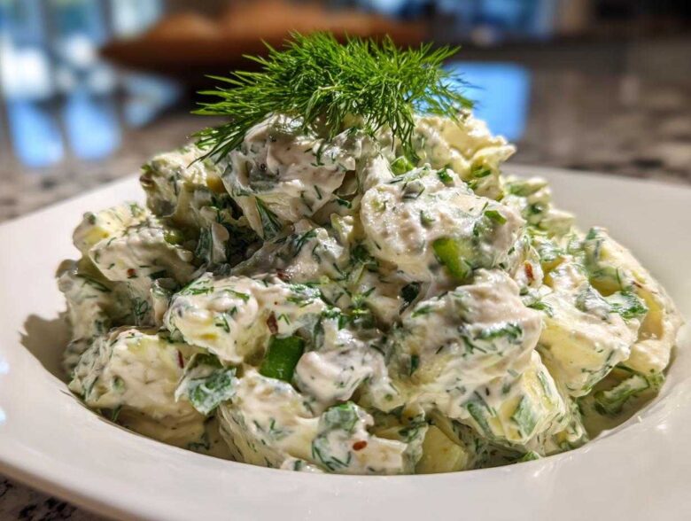 A generous serving of Keto Creamy Herb Deviled Egg Salad, topped with fresh dill, in a white bowl.