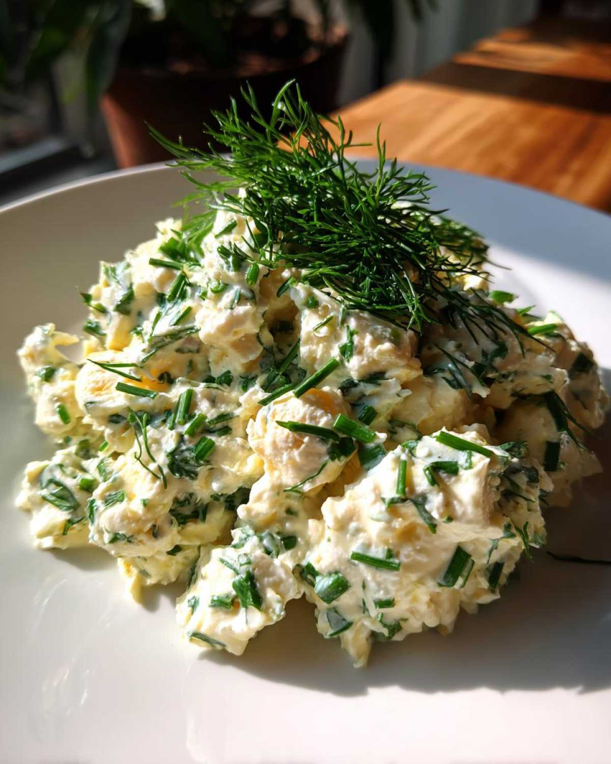A serving of Keto Creamy Herb Deviled Egg Salad mixed with chives and topped with fresh dill.