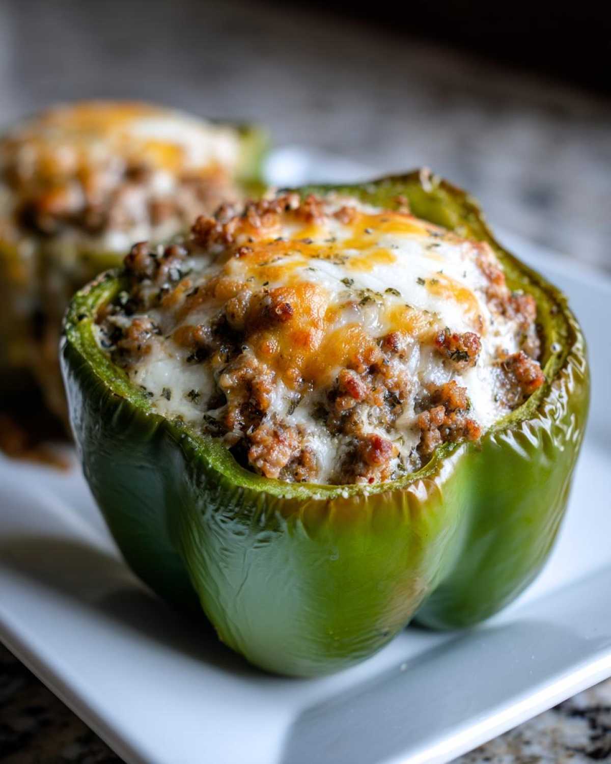Close-up of a green bell pepper stuffed with creamy Italian sausage and topped with melted, browned cheese.