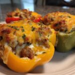 Three Keto Creamy Italian Sausage Stuffed Peppers, topped with melted cheddar cheese and parsley, served on a plate.