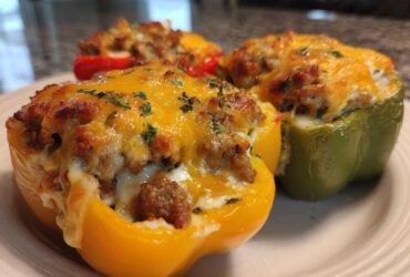 Three Keto Creamy Italian Sausage Stuffed Peppers, topped with melted cheddar cheese and parsley, served on a plate.
