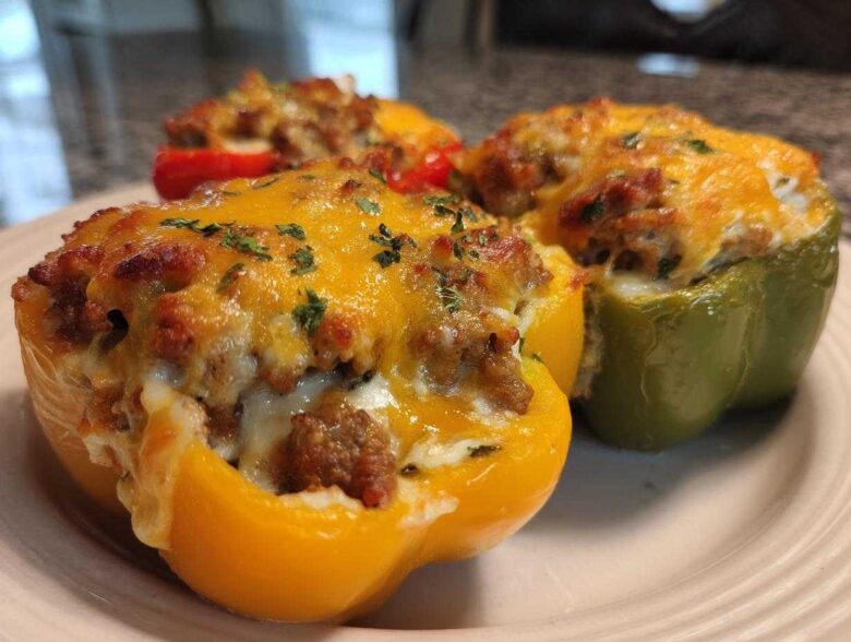 Three Keto Creamy Italian Sausage Stuffed Peppers, topped with melted cheddar cheese and parsley, served on a plate.