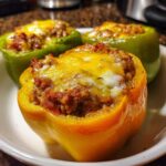 Close-up of three Keto Creamy Italian Sausage Stuffed Peppers, topped with melted cheese, served on a white plate.