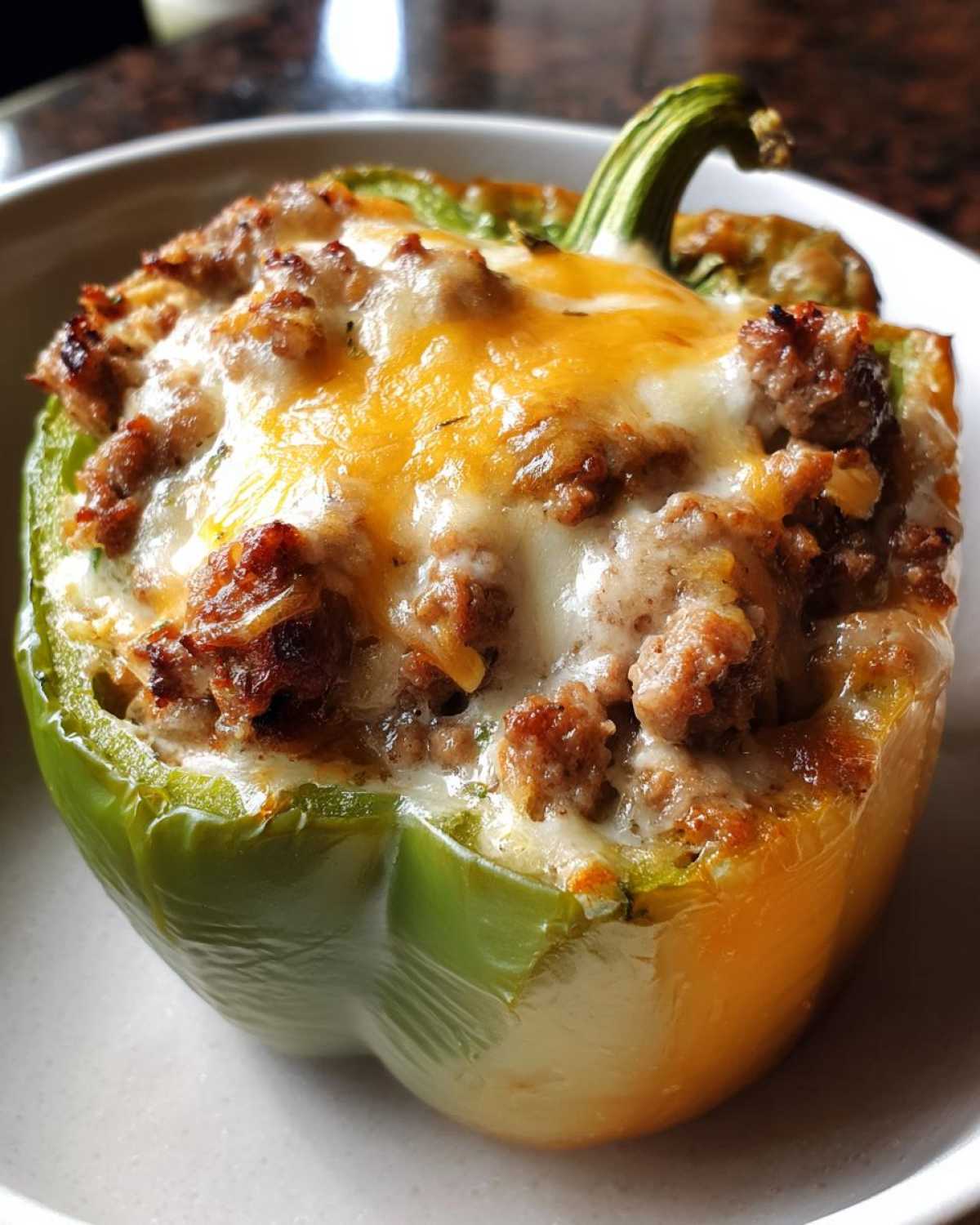 A close-up of one Keto Creamy Italian Sausage Stuffed Pepper, topped with browned sausage and melted white and cheddar cheese.