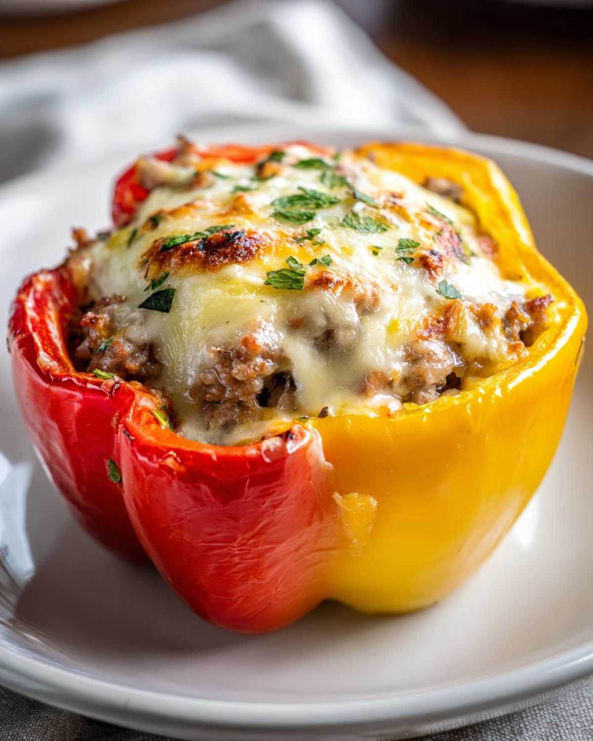 A close-up of a Keto Creamy Italian Sausage Stuffed Pepper, topped with melted, browned cheese and parsley.
