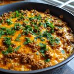 Close-up of a Keto Creamy Taco Skillet with cauliflower rice, ground beef, melted cheddar cheese, and fresh cilantro.