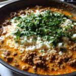 Close-up of Keto Creamy Taco Skillet with ground meat sauce, cauliflower rice, and fresh cilantro.