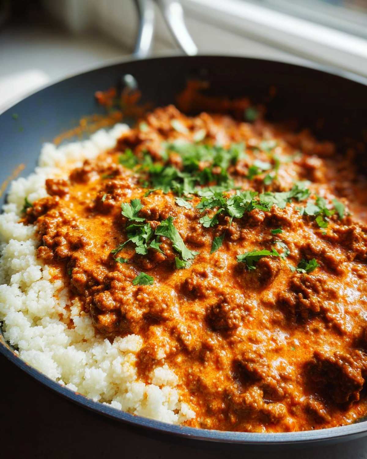 Close-up of Keto Creamy Taco Skillet with cauliflower rice base, topped with seasoned ground meat sauce and fresh cilantro.