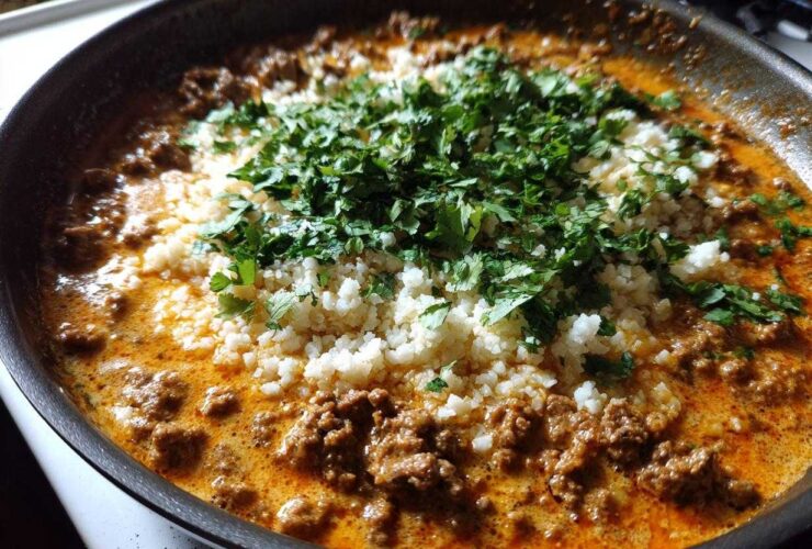 Close-up of Keto Creamy Taco Skillet with ground meat sauce, cauliflower rice, and fresh cilantro.