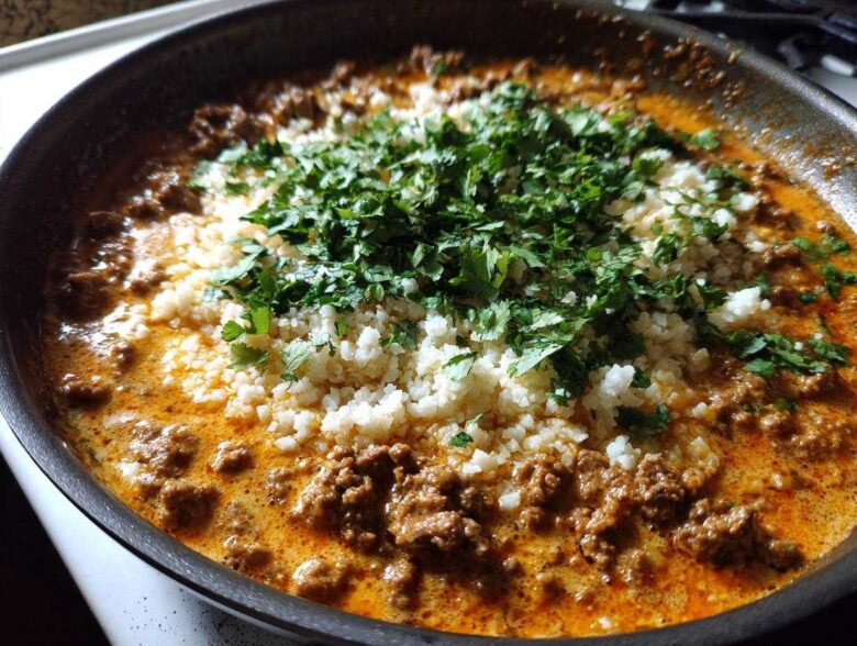 Close-up of Keto Creamy Taco Skillet with ground meat sauce, cauliflower rice, and fresh cilantro.