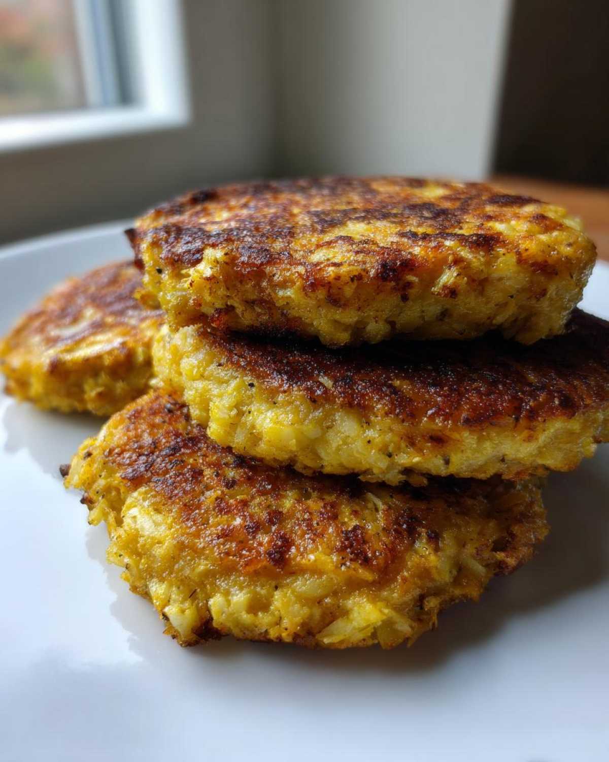 A stack of four golden-brown Keto Crispy Cauliflower Hash Browns served on a white plate.