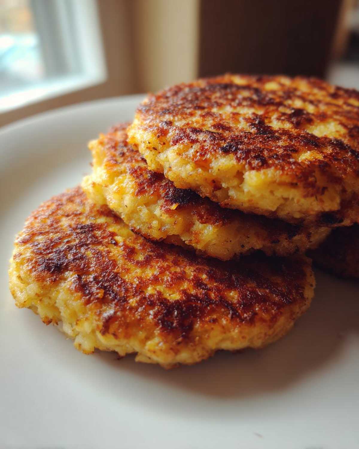 A stack of three golden-brown, pan-fried Keto Crispy Cauliflower Hash Browns on a white plate.